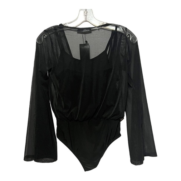 Nasty Gal Wrap Bodysuit Black Mesh Sheer Overlay Flare Sleeve Blouse Snap Size 4 - Picture 5 of 7